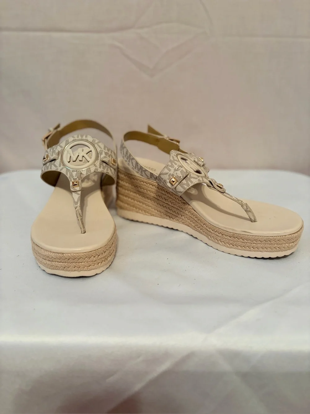 Michael Kors Neutral Beige Logo Espadrille Wedge Sandals